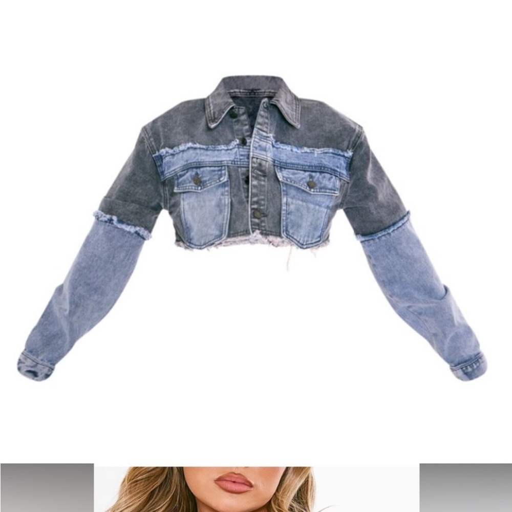 PrettyLittleThing Gray and Blue Denim Cropped Frayed Jacket Size 4 - Picture 1 of 11